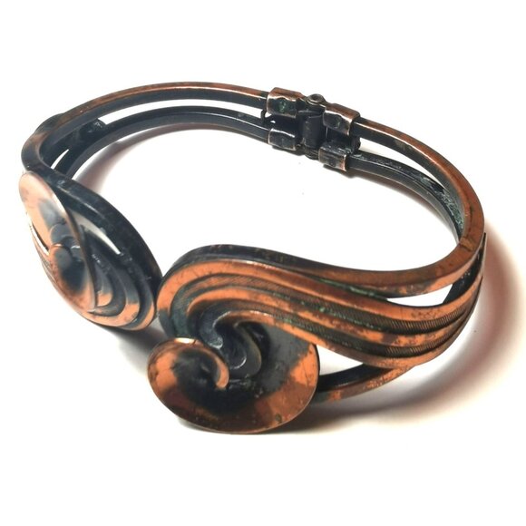Vintage Copper Hinged Clamper Bracelet - Mid-Century Modernist Style Cuff - Picture 3 of 9